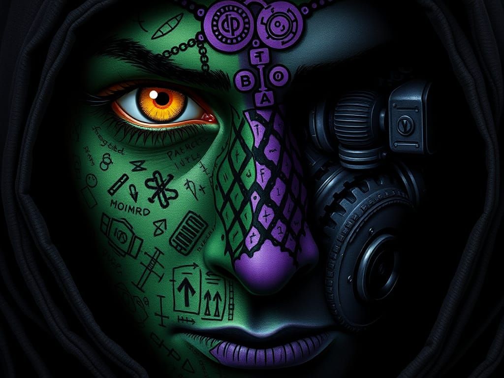 A close-up of a face adorned with intricate black and violet...