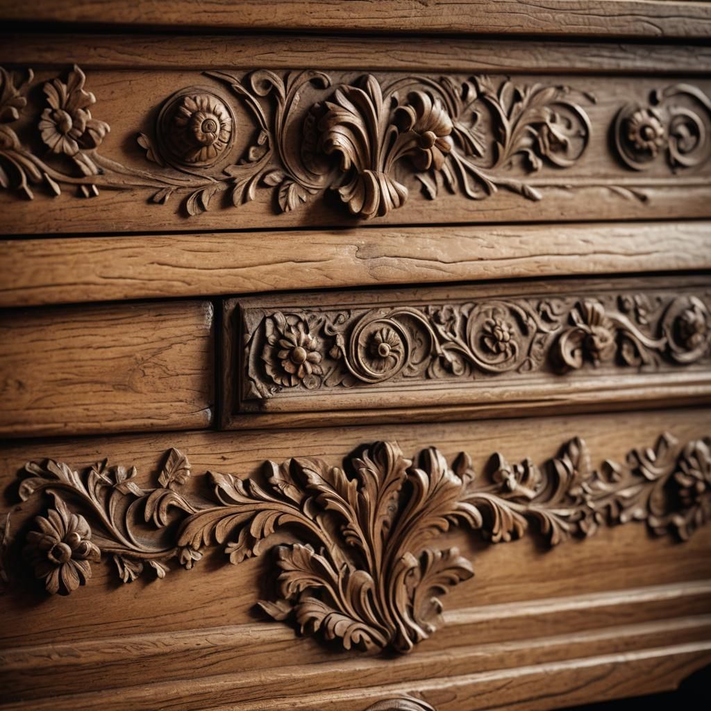 Warm Beige Toned Antique Oak Carvings in Close-Up