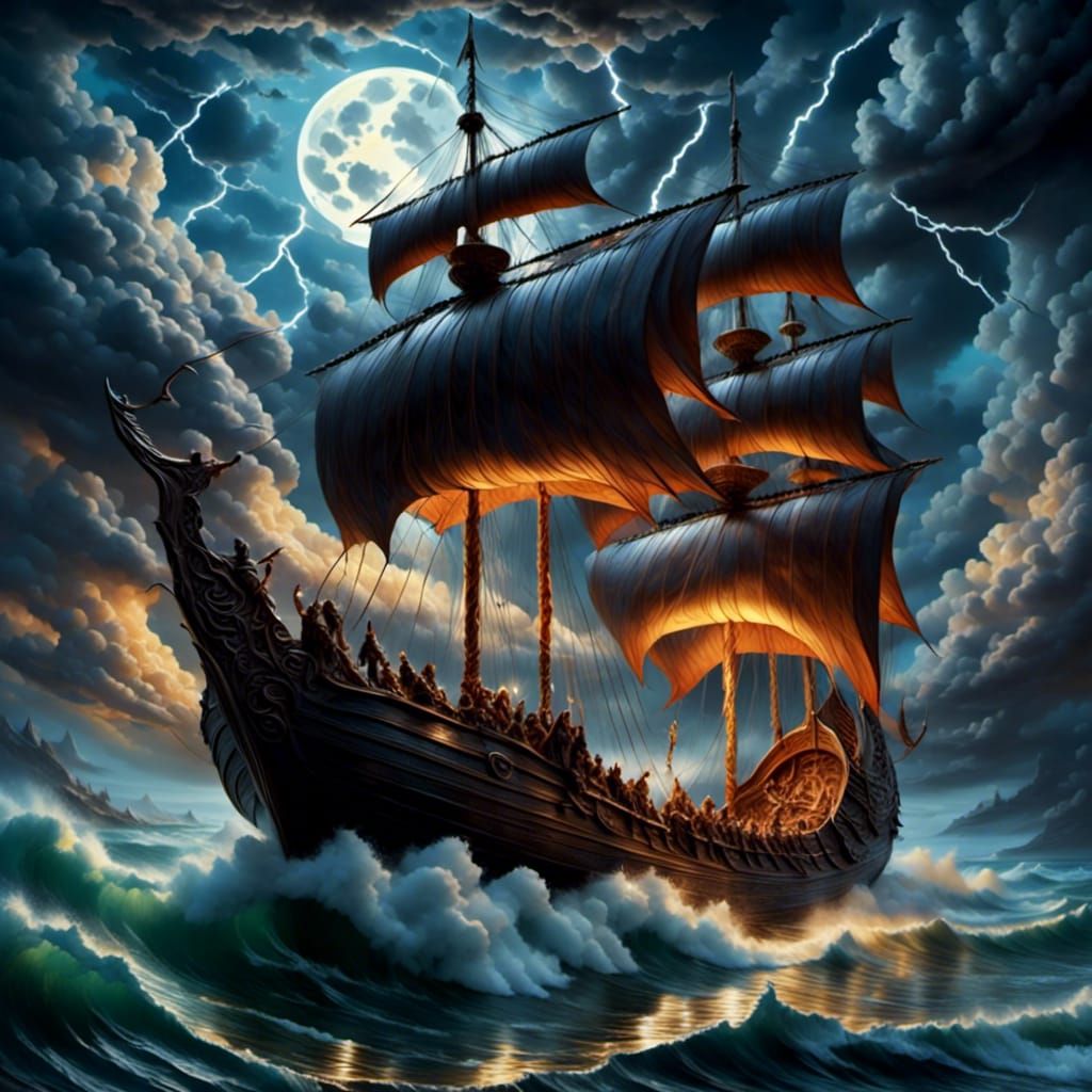 Viking Longship Amidst a Turbulent Thunderstorm in the Style...