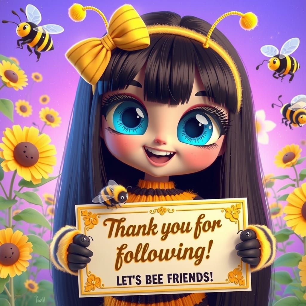 Adorable 3D Bumblebee Girl with Bright Smile and Colorful Fl...