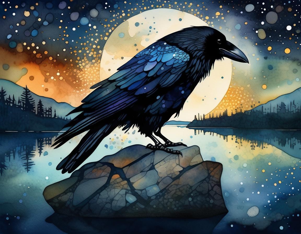 Magnificent Crow on Rock in Watercolor Liquid Ink Style