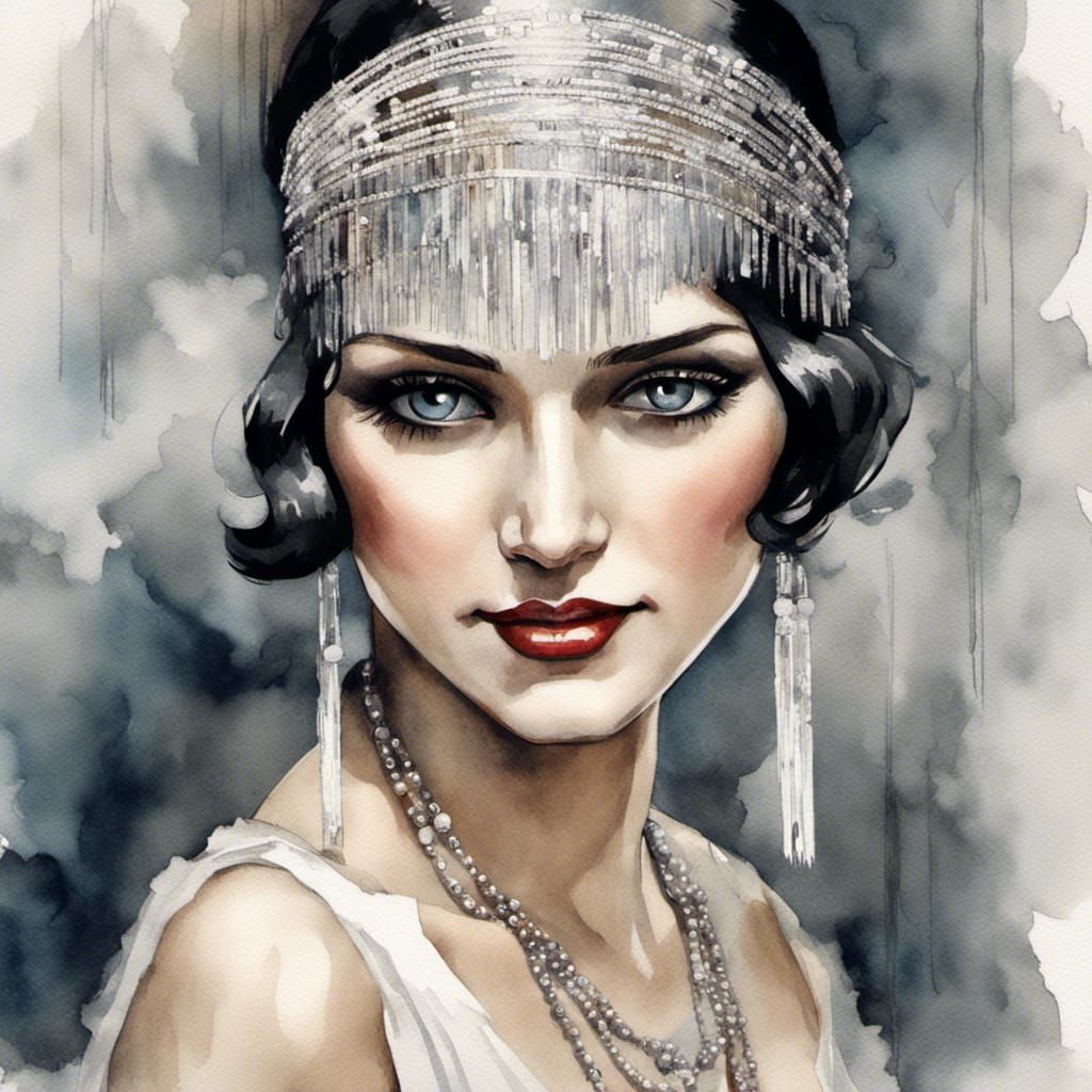 1920s Flapper in Elegant Headgear and Necklace