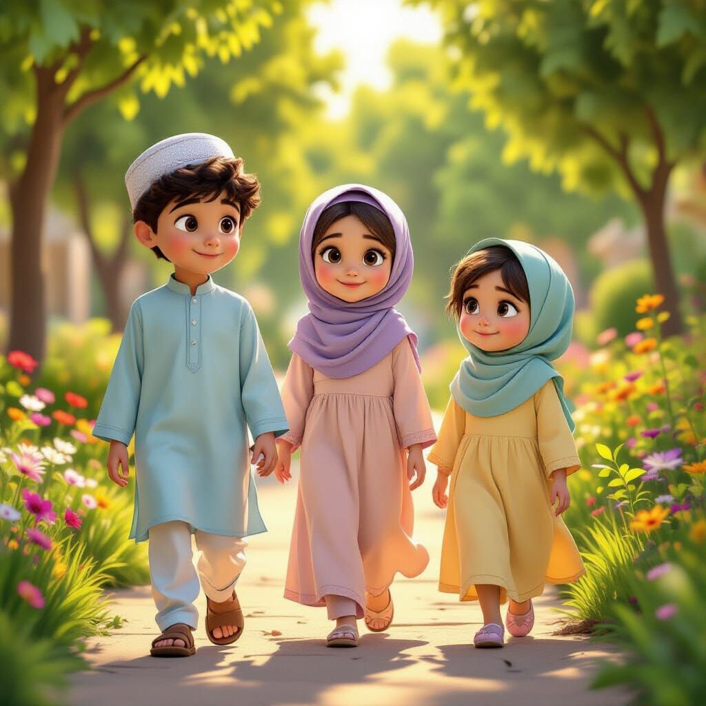 Muslim Siblings Enjoy a Sunny Garden Walk in Pixar-Disney St...