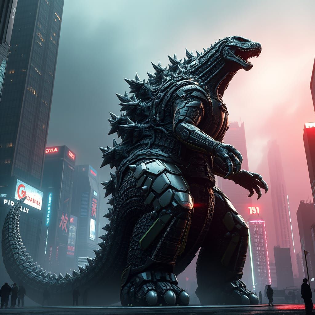 Godzilla Dominates Futuristic Metropolis in Cyberpunk Style
