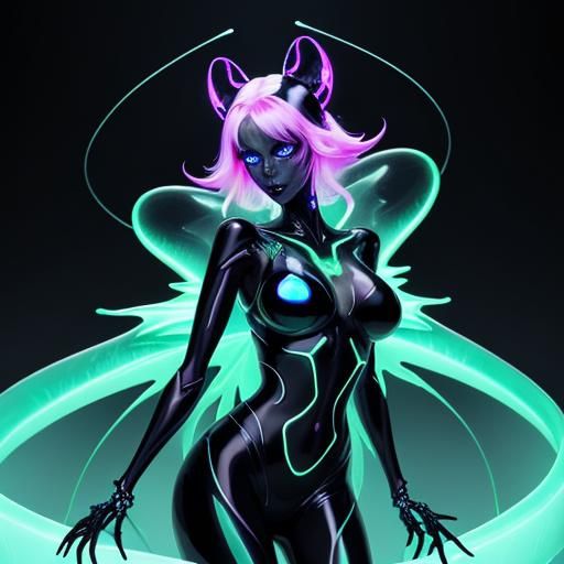 Glowing Black Glass Goddess with Neon Skeleton and Water Dra...
