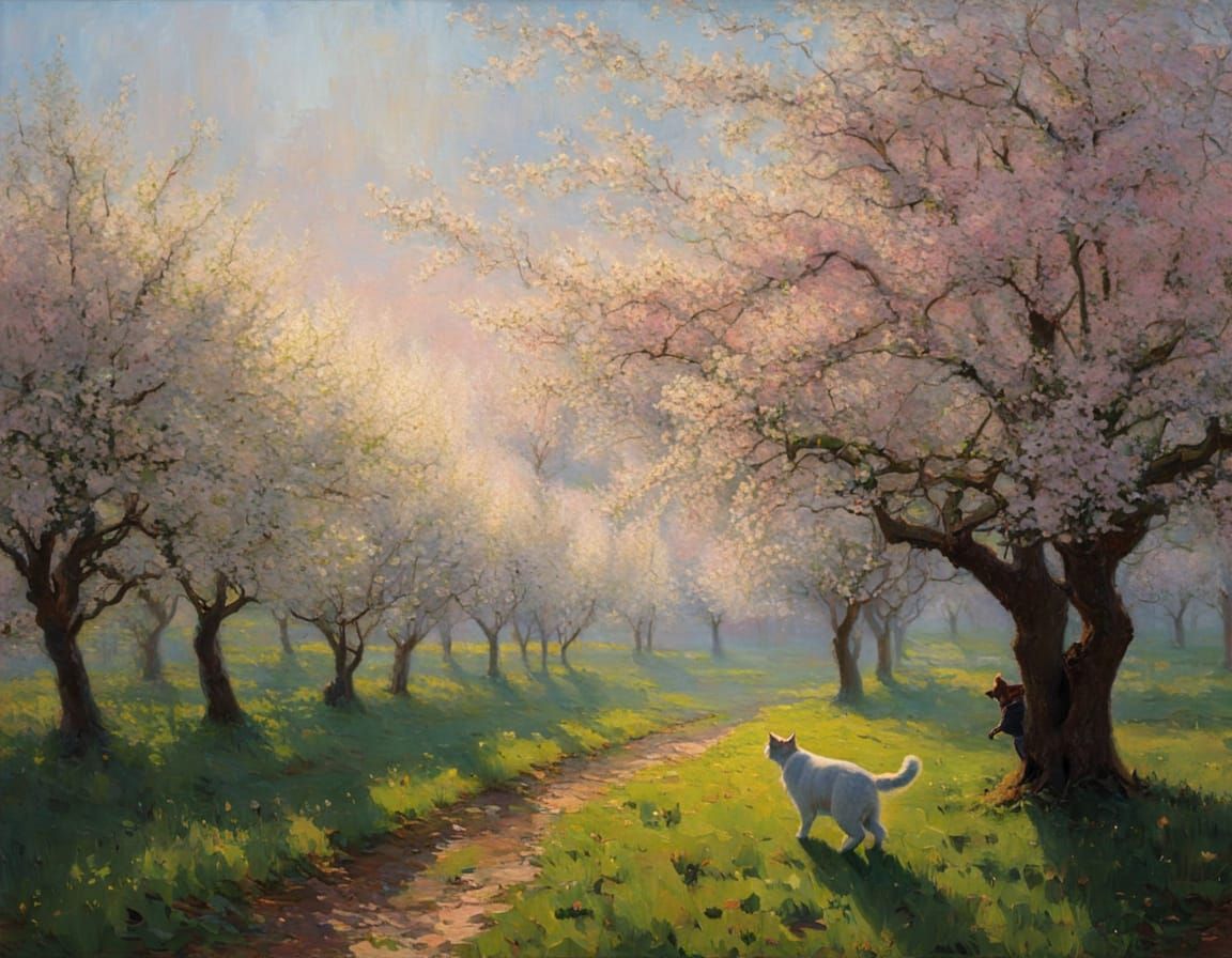 Sunrise in Misty Apple Orchard with Cat