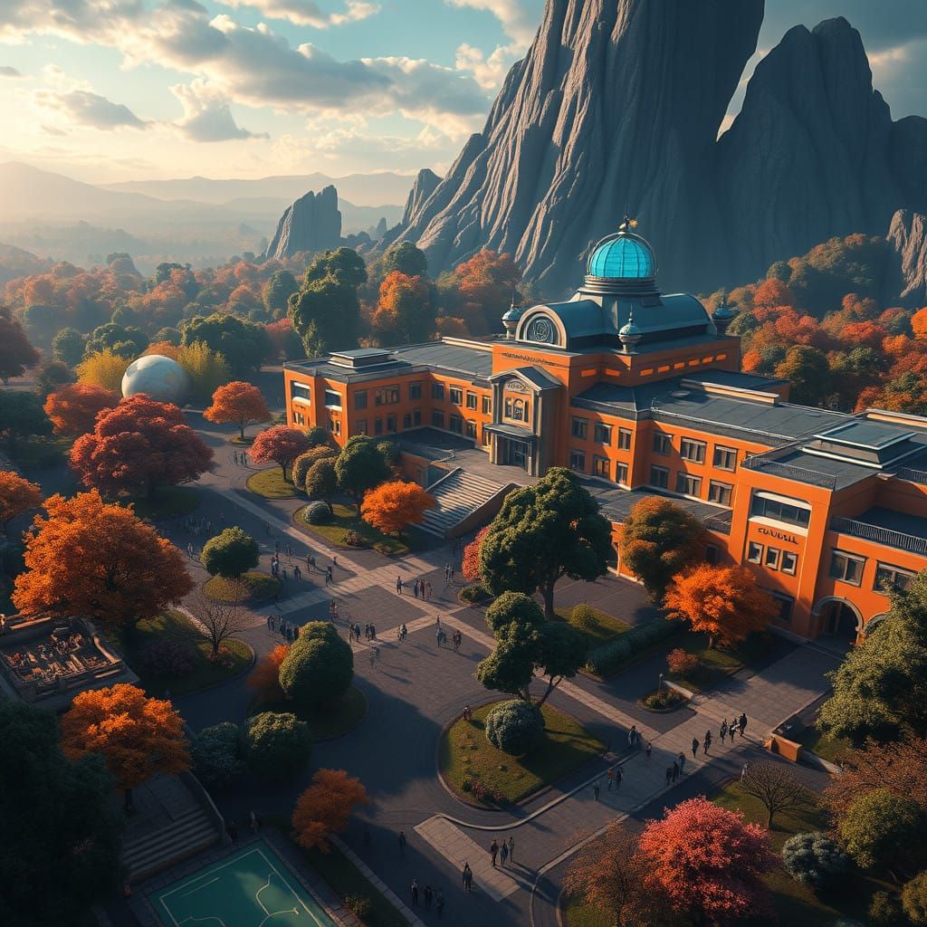 Futuristic School Campus Teeming with Life and Wonder
