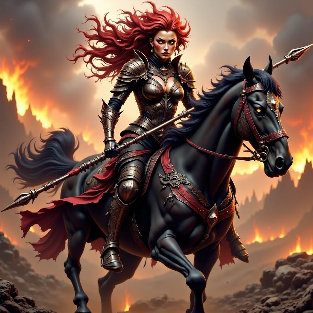 Fearless Warrior Rides Horse Through Burning Battlefield