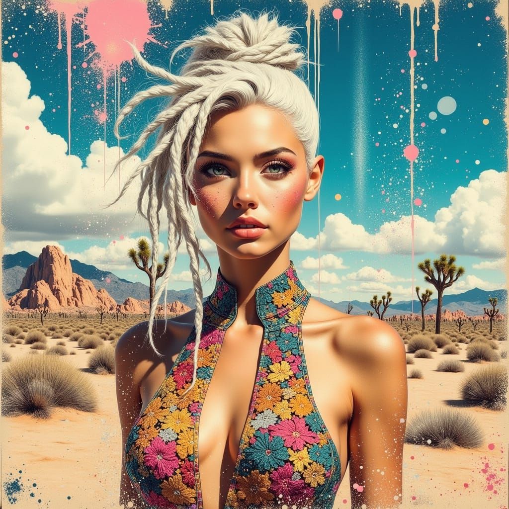 Woman in Desert Landscape with Surreal Paint Splatter Effect...