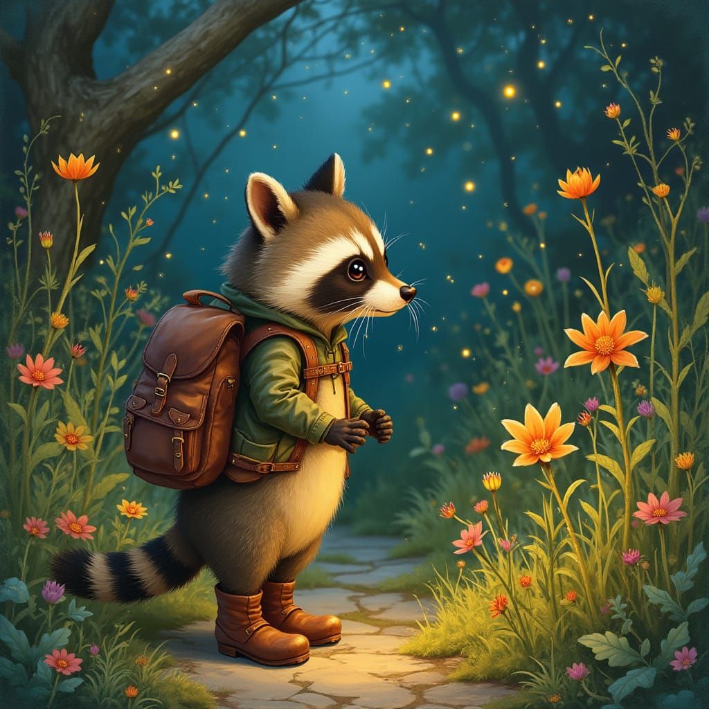 Raccoon Explorer in Whimsical Storybook Garden