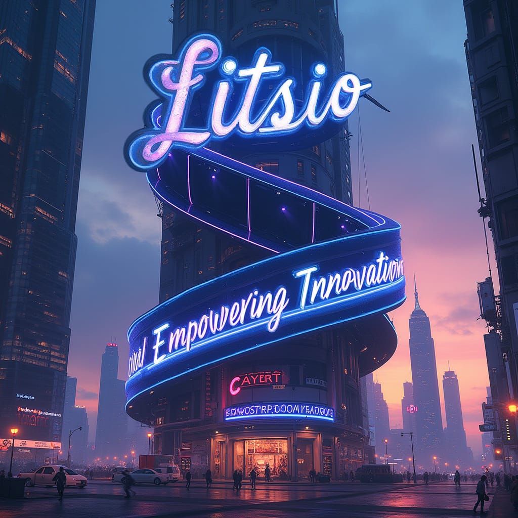 Sleek Futuristic Cityscape with Litas.io Logo and Holographi...
