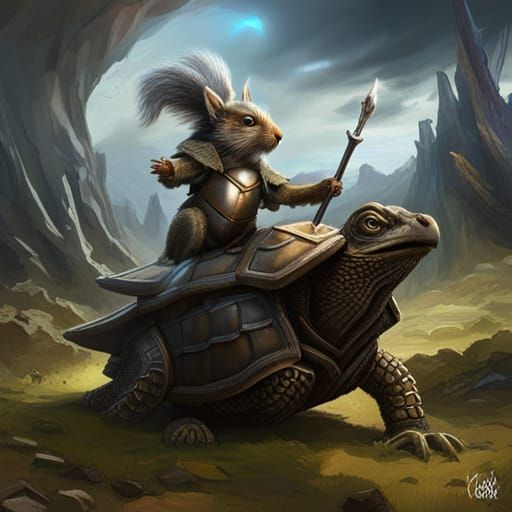 Epic Dark Fantasy Squirrel Warlord on Majestic Tortoise Stee...