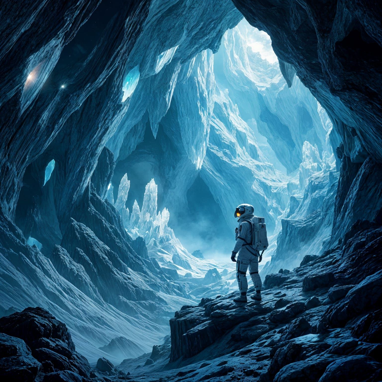 Lone Astronaut in Crystal Cavern on Alien Planet