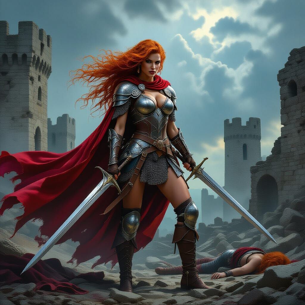Heroic Warrior Woman in Ancient Ruins, Hyper-Realistic Style