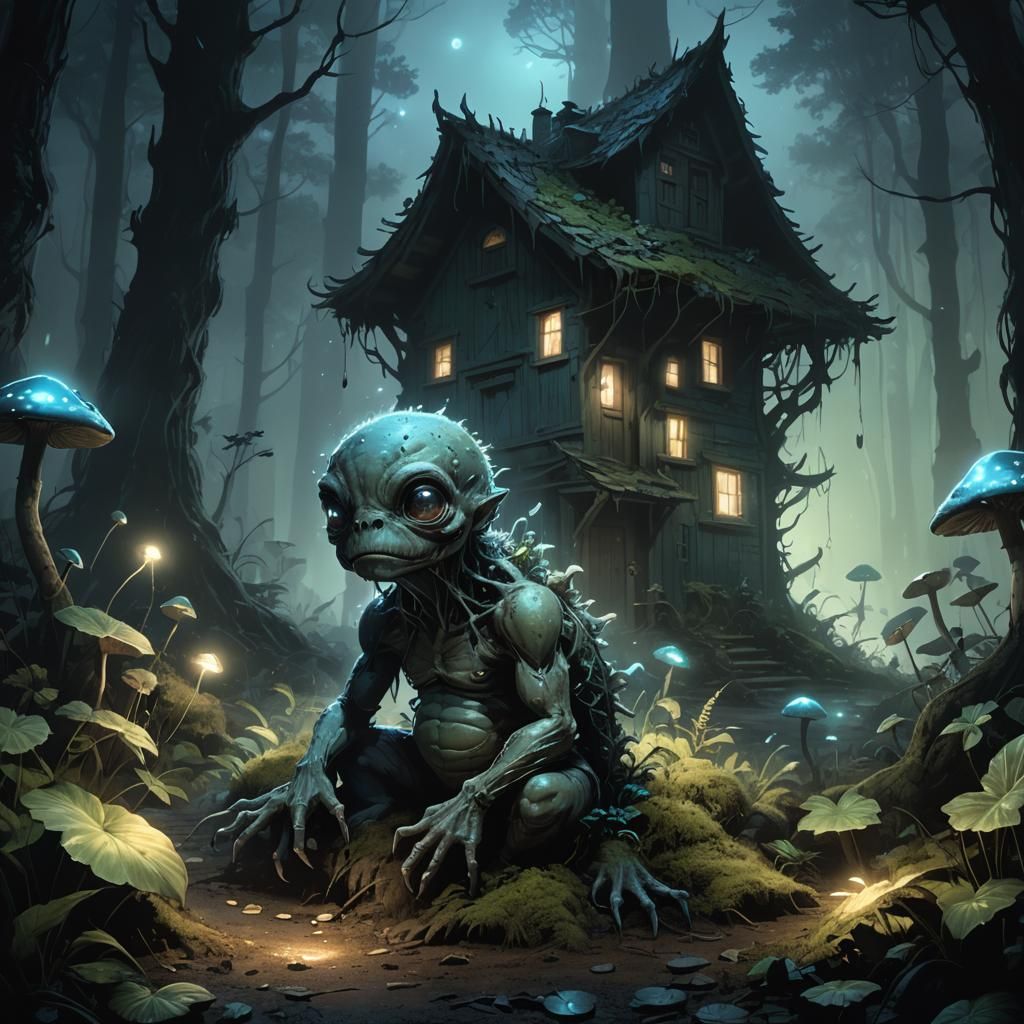 Haunting Dark Fantasy Monster Sits Alone in Mysterious Fores...