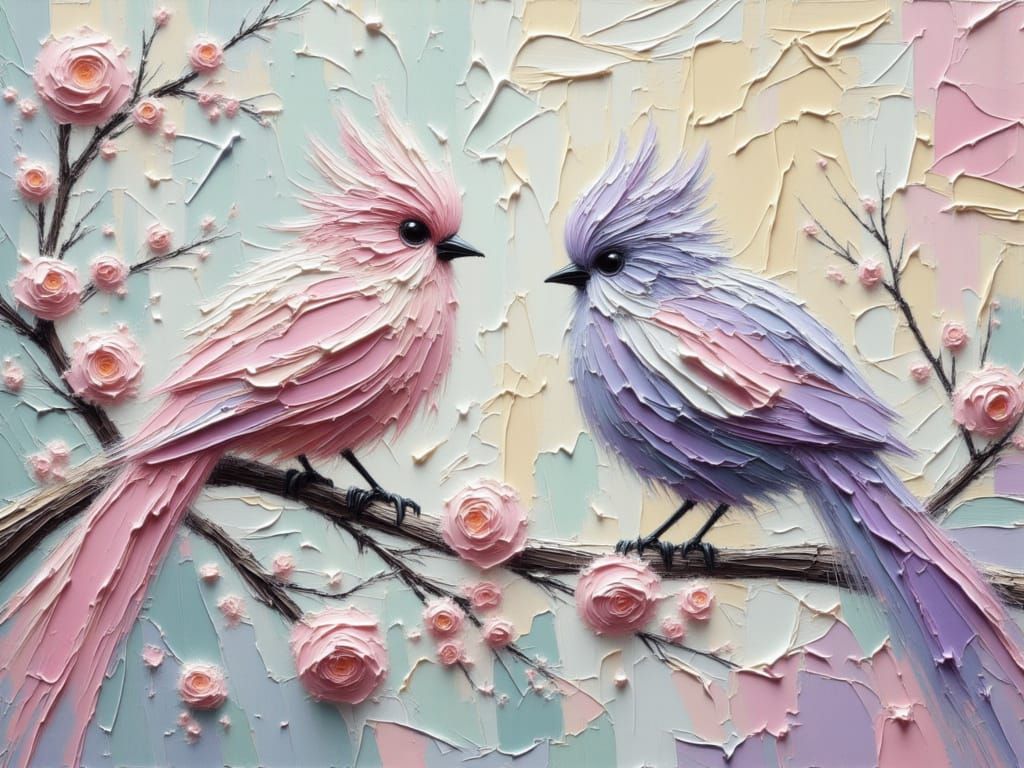 Two Fluffy Birds on Blossoming Branch in Impasto Oil Style