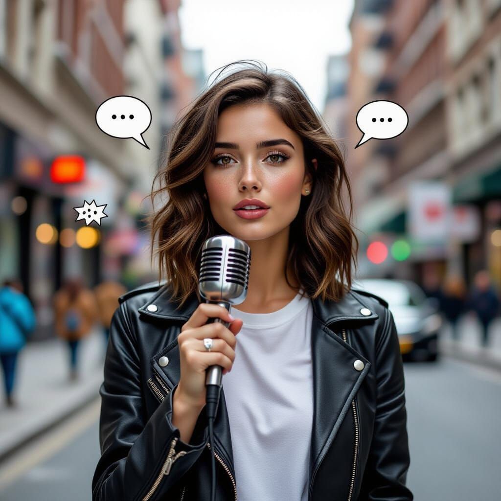 Woman Expressing Herself With Vintage Microphone on City Str...