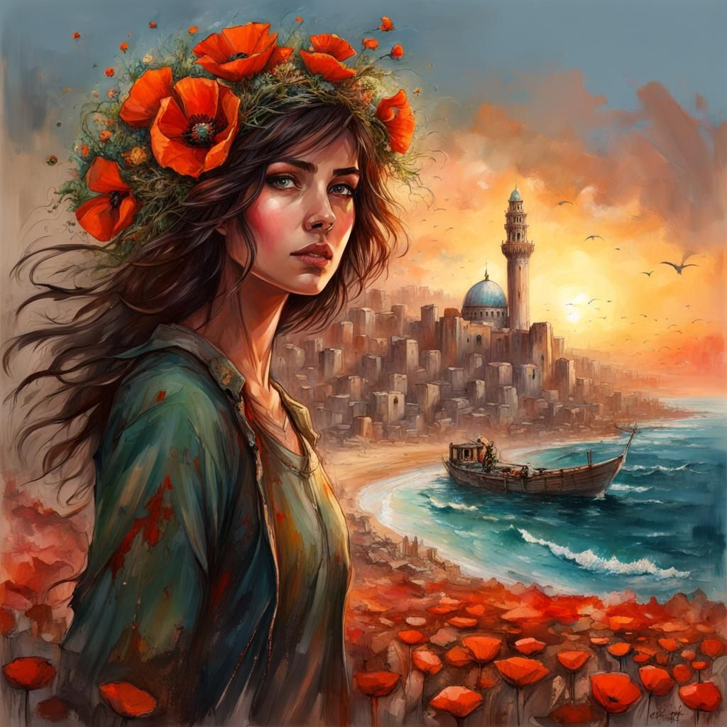Palestinian Girl Surrounded by Vibrant Poppies Beneath a Sun...