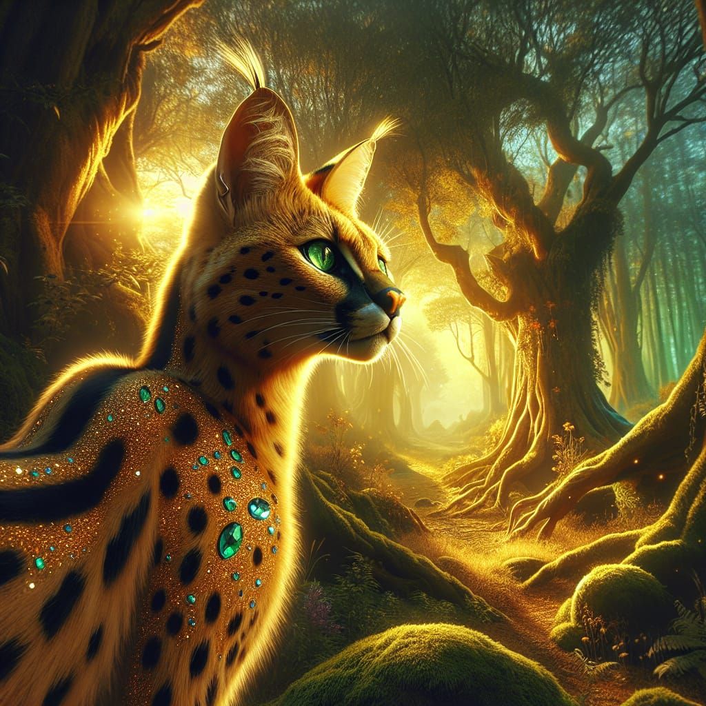 Celestial Serval Cat in Ancient Forest
