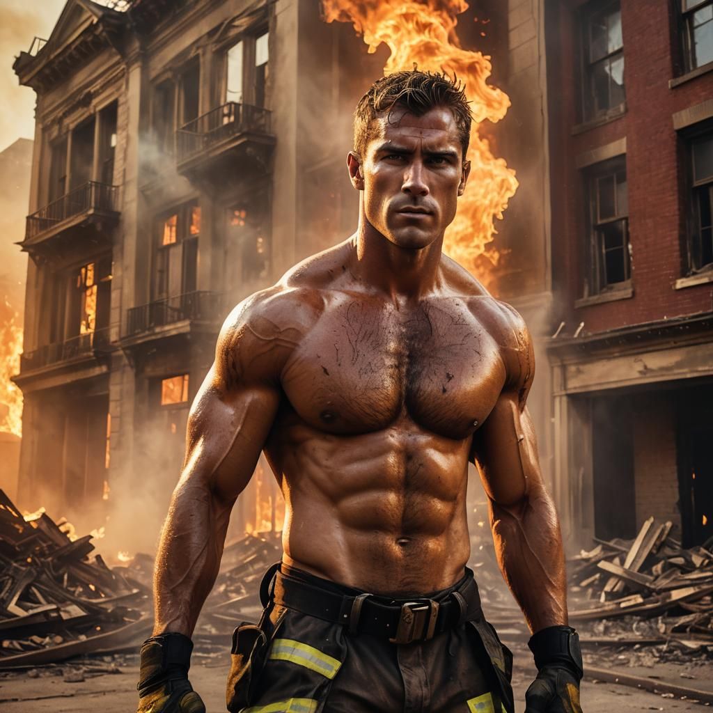 Heroic Firefighter Silhouetted Against Inferno