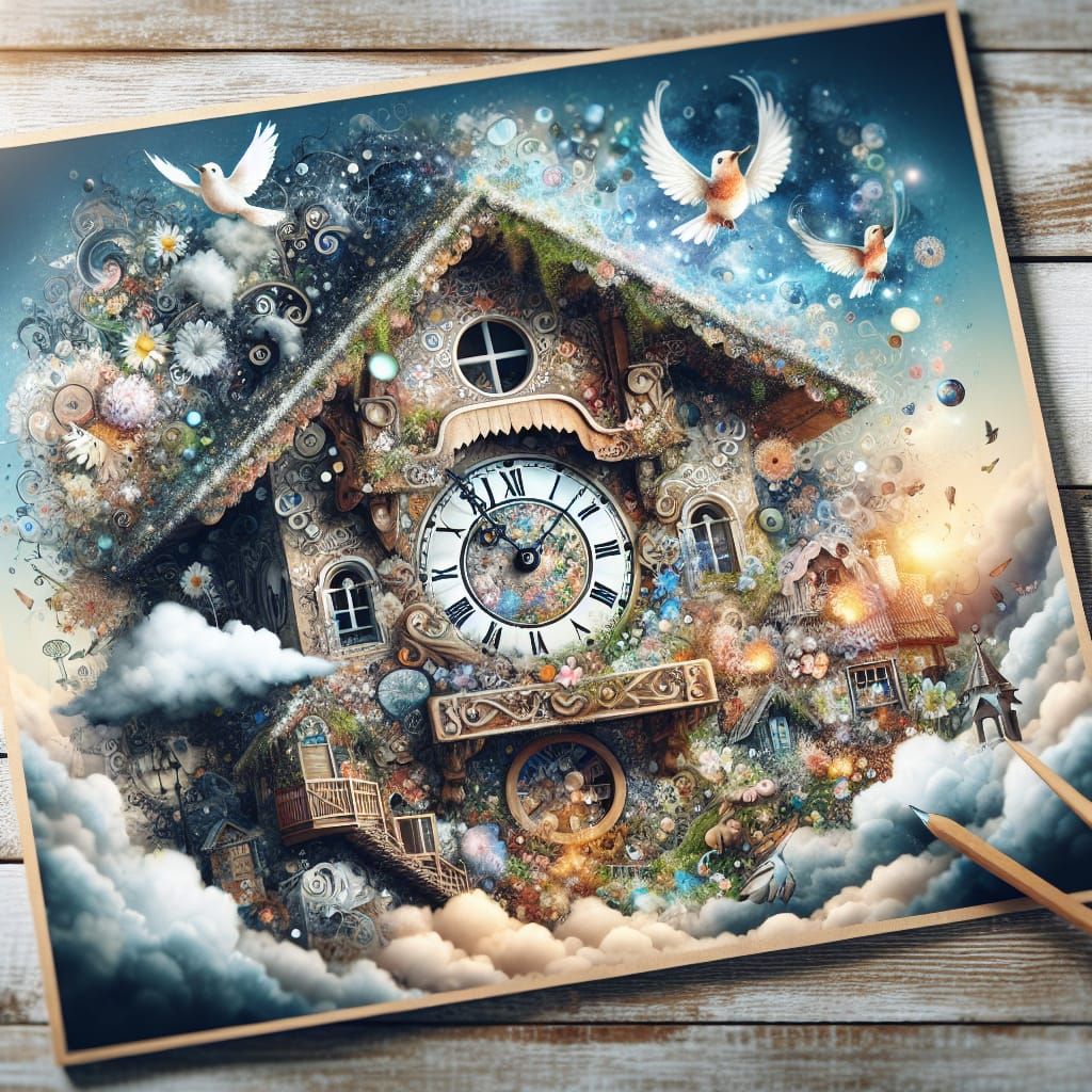 Surreal Cuckoo Clock Scene in Whimsical Detail