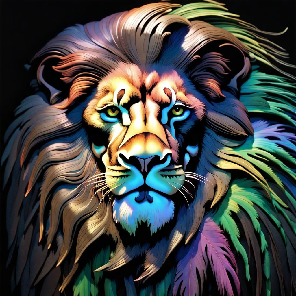 Surreal Lion Contemplates Reflection in Whimsical, Iridescen...