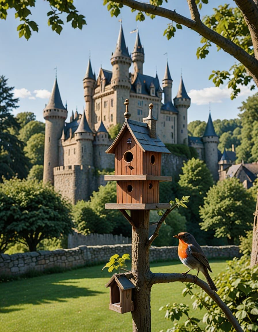 Robin and Castle Birdhouse on Branch
