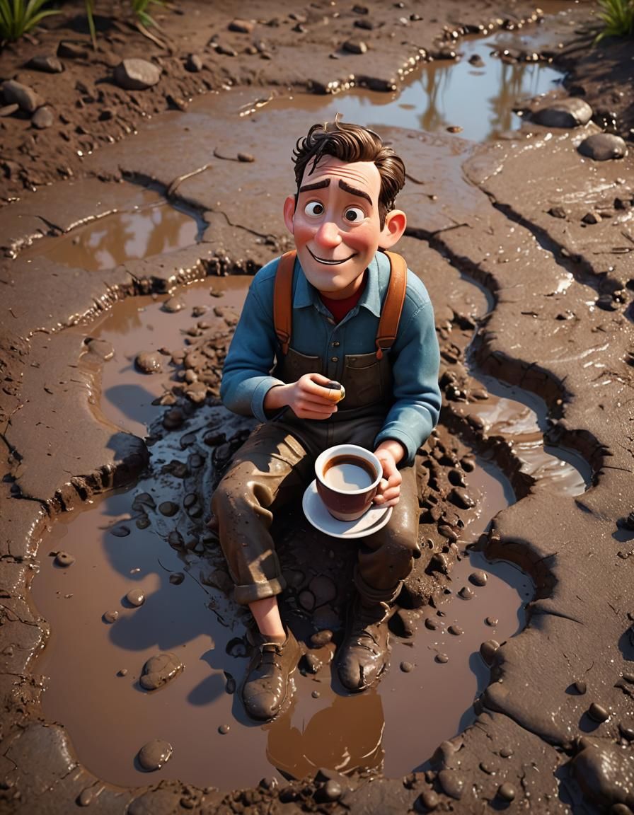 Cartoon Man Enjoys Coffee in Mud Puddle