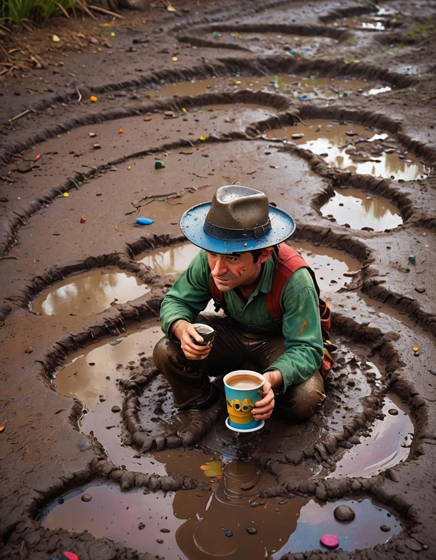 Cartoon Man Enjoying Coffee Break in Mud Puddle