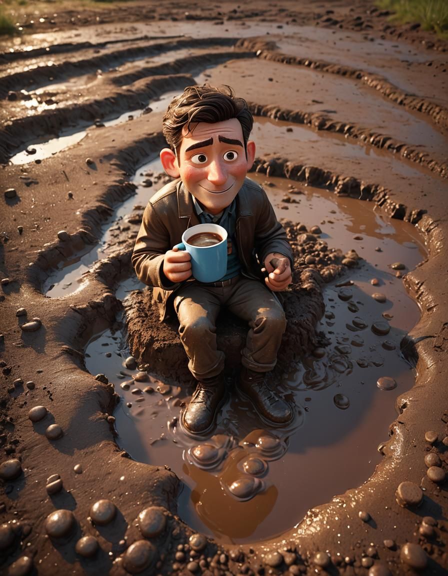Cartoon Man's Coffee Break: A Pixar-Style Mud Puddle Moment