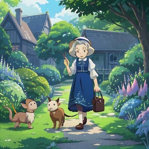 Ethereal Old Lady Strolls with Pitbull in Whimsical Garden