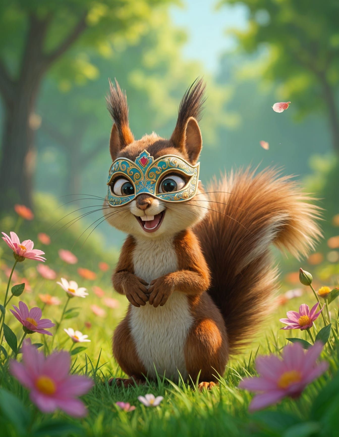 Masked Squirrel Havoc in Pixar Style