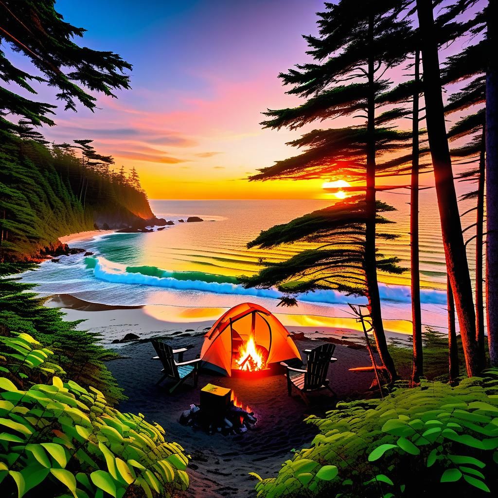 Serene Sunset Ocean Scene with Camping Setup