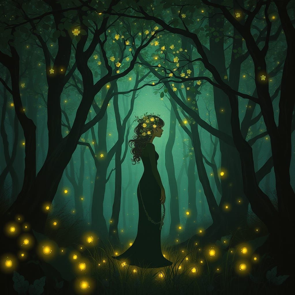 Bioluminescent Figure in Ethereal Forest, Art Nouveau Style