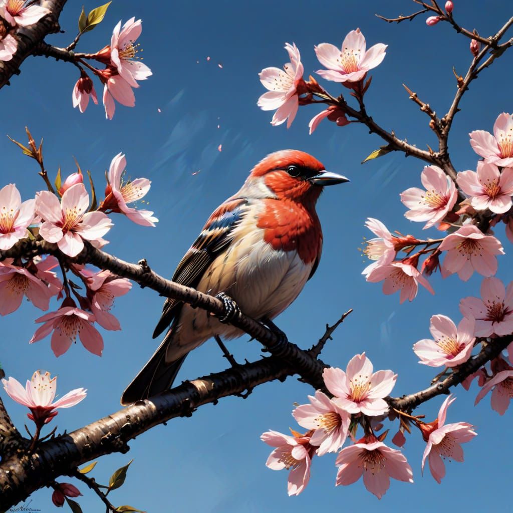 Cherry Blossom Tree Bird in Comic Book Style