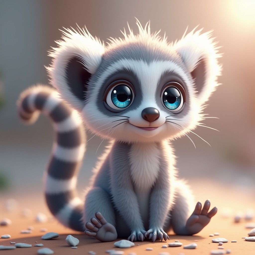 Stylized Baby Ring-Tailed Lemur with Vibrant Anime-Inspired...