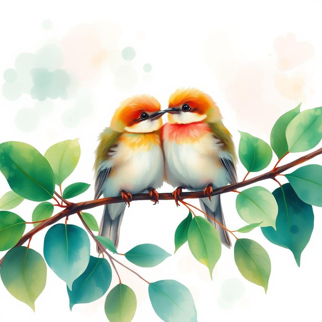 Surrealist Watercolor Scene with Tender Lovebirds