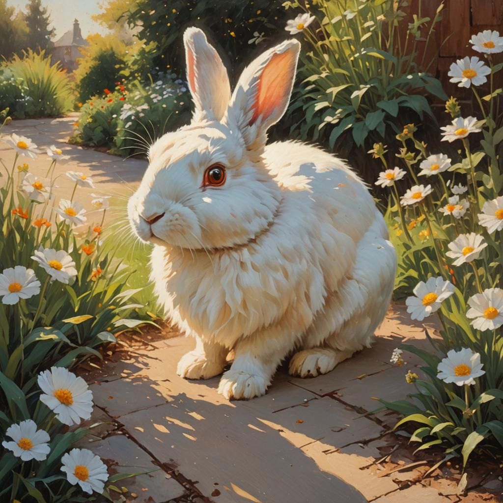 Fluffy White Rabbit in a Sunny Impressionist Garden