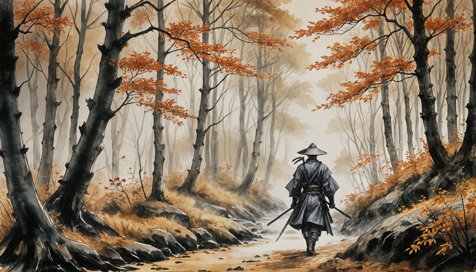 Ronin Wanders Through Autumn Forest in Ink Wash Style
