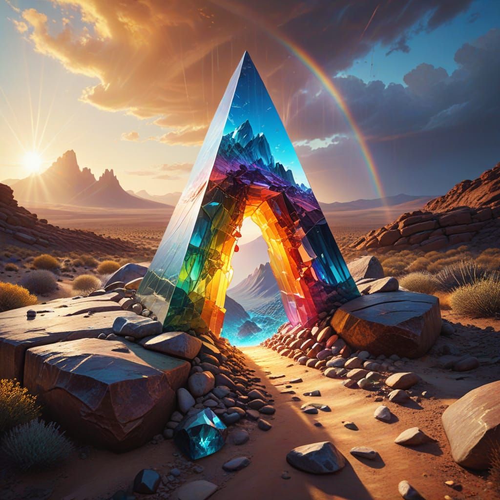 Rainbow Prism Portal in Surreal Desert Landscape