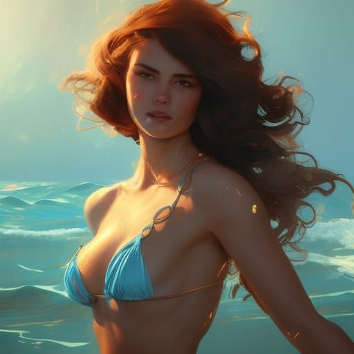 Intricately Detailed Beach Goddess in Triadic Colors