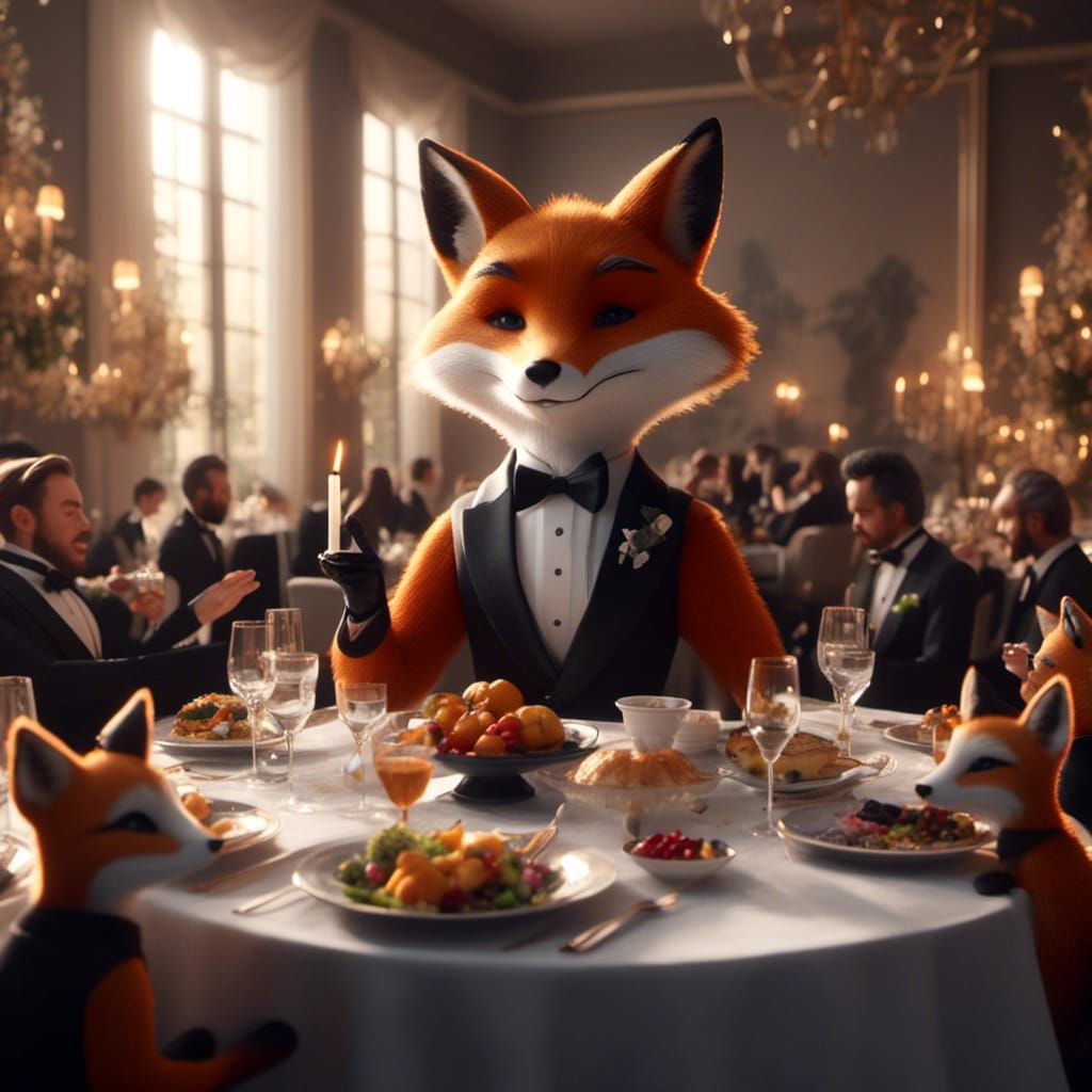 Anthropomorphic Fox in Tuxedo at Dinner Party