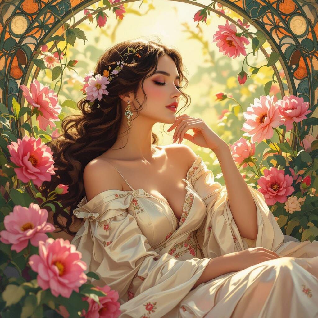 Elegant Woman in Floral Art Nouveau Style