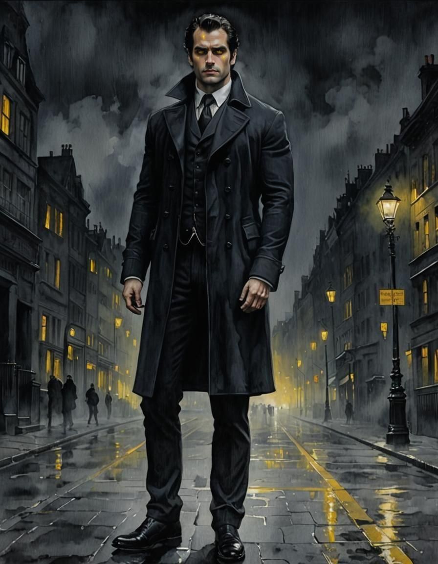 Dark Gothic City Night Scene with Vampire Detective