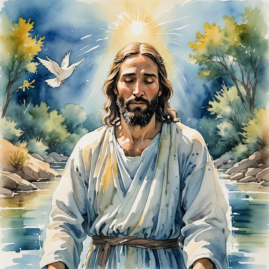 Serene Christian Baptism Scene in Watercolor Style