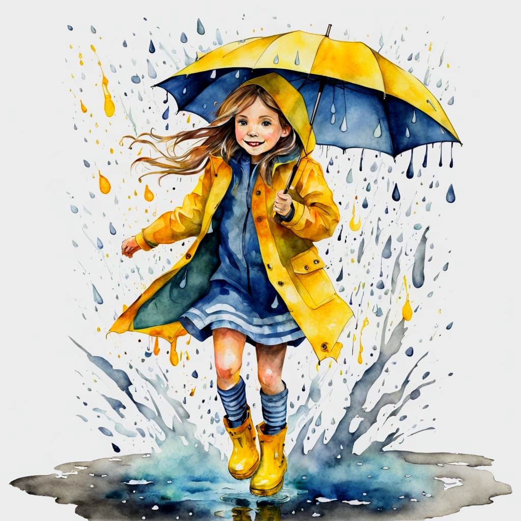 Girl Splashing in Puddles, Watercolor Painting