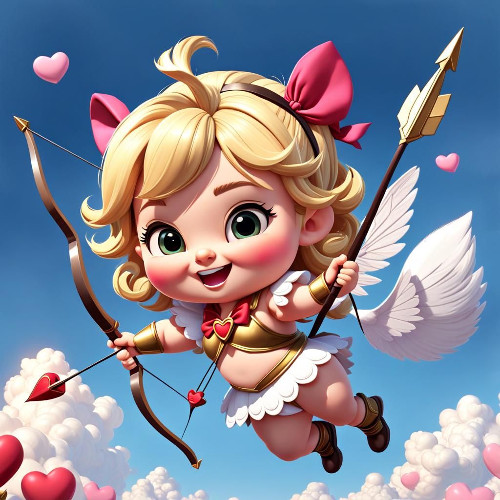 Adorable Chibi Cupid Soars in Heavenly Clouds