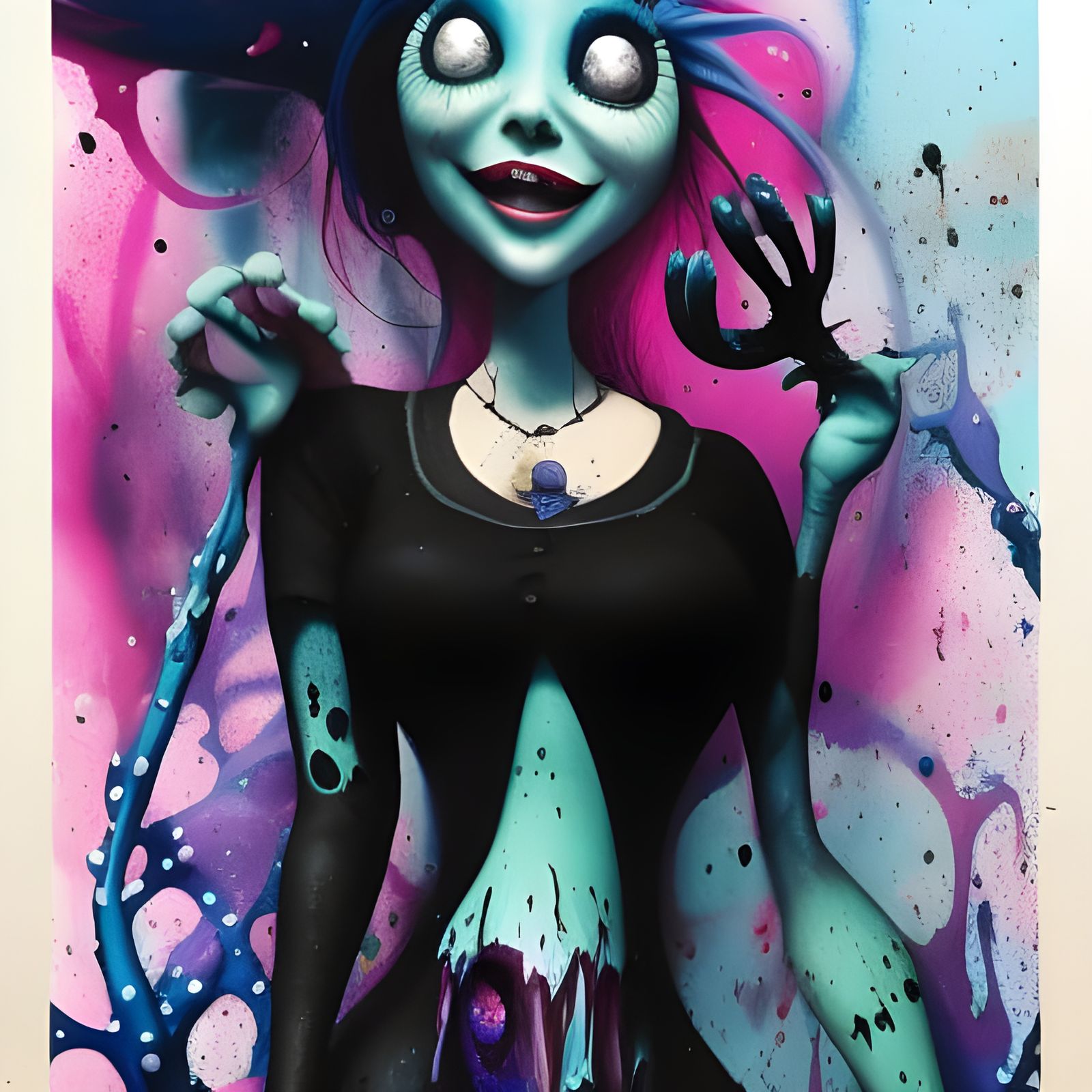 Vibrant Blue Skin Portrait in Intricate Ink Splatter Style