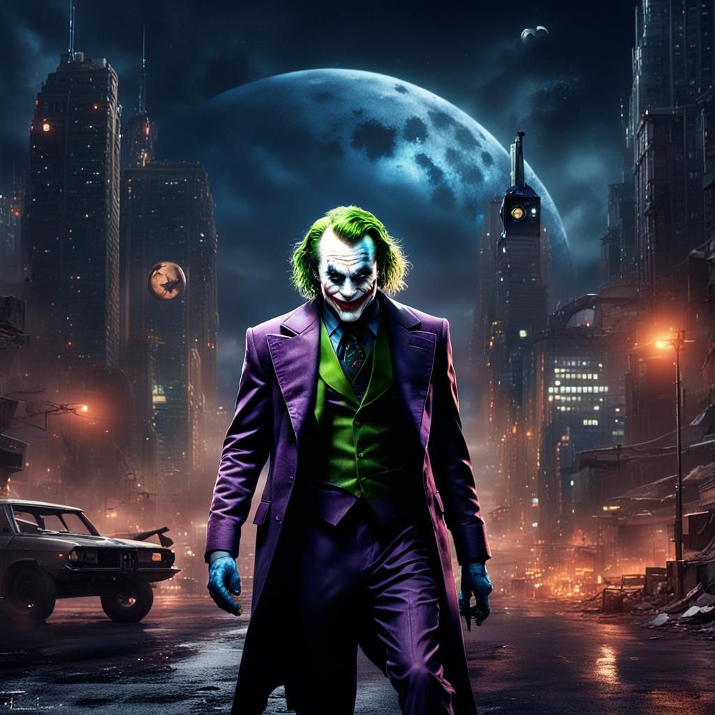 The Joker in a Futuristic Gotham Skyscraper Under the Bat Si...