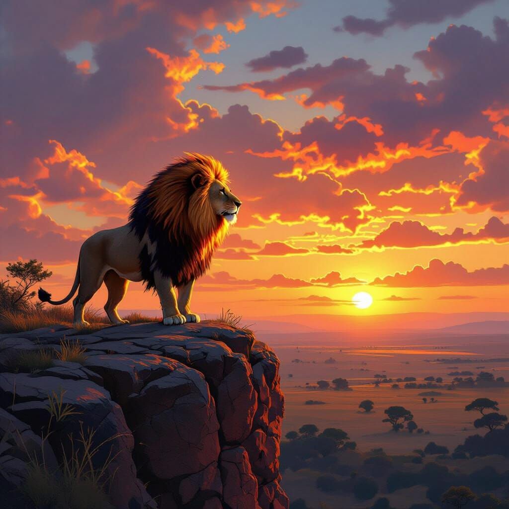 Majestic Lion at Sunset on Rocky Cliff